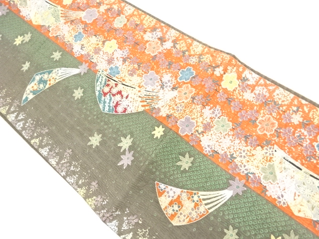 纐纈　扇に紅葉・枝垂れ桜模様全通袋帯